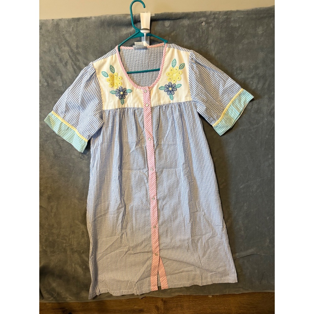 National Seersucker House Dress Blue White Striped Floral Embroidered Lounger M